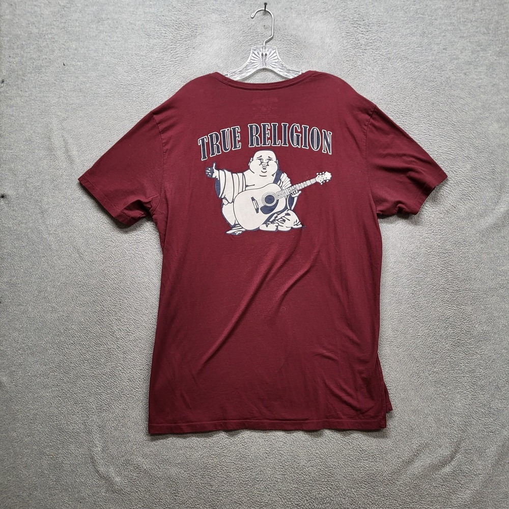 True Religion Men Shirt XL Burgundy Buddha Guitar Logo Graphic Print Short